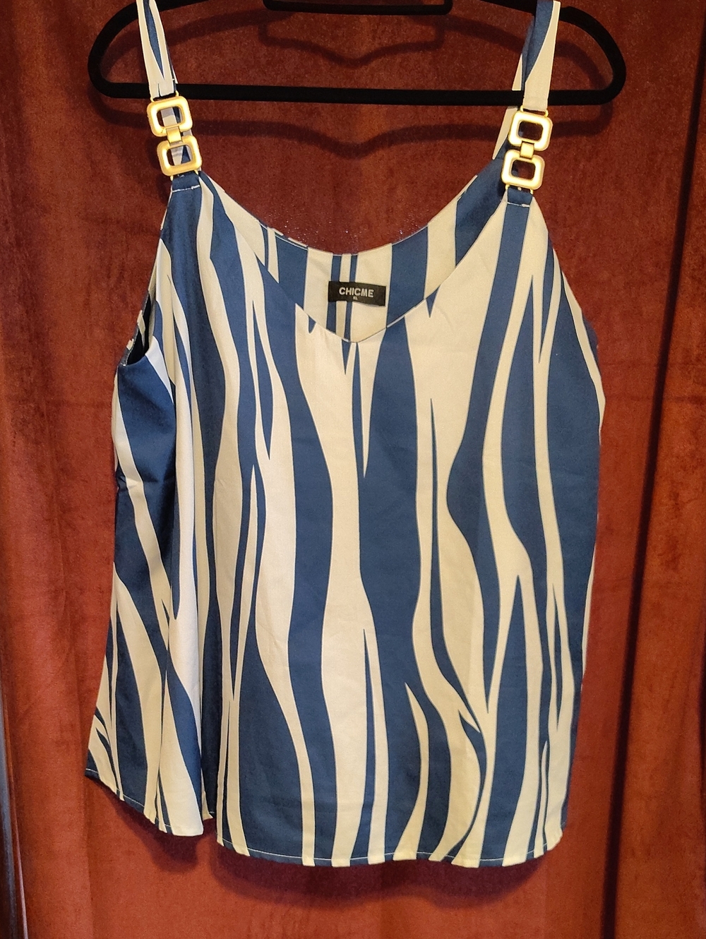 Blue and White Abstract Stripe Satin Cami with Gold Buckles